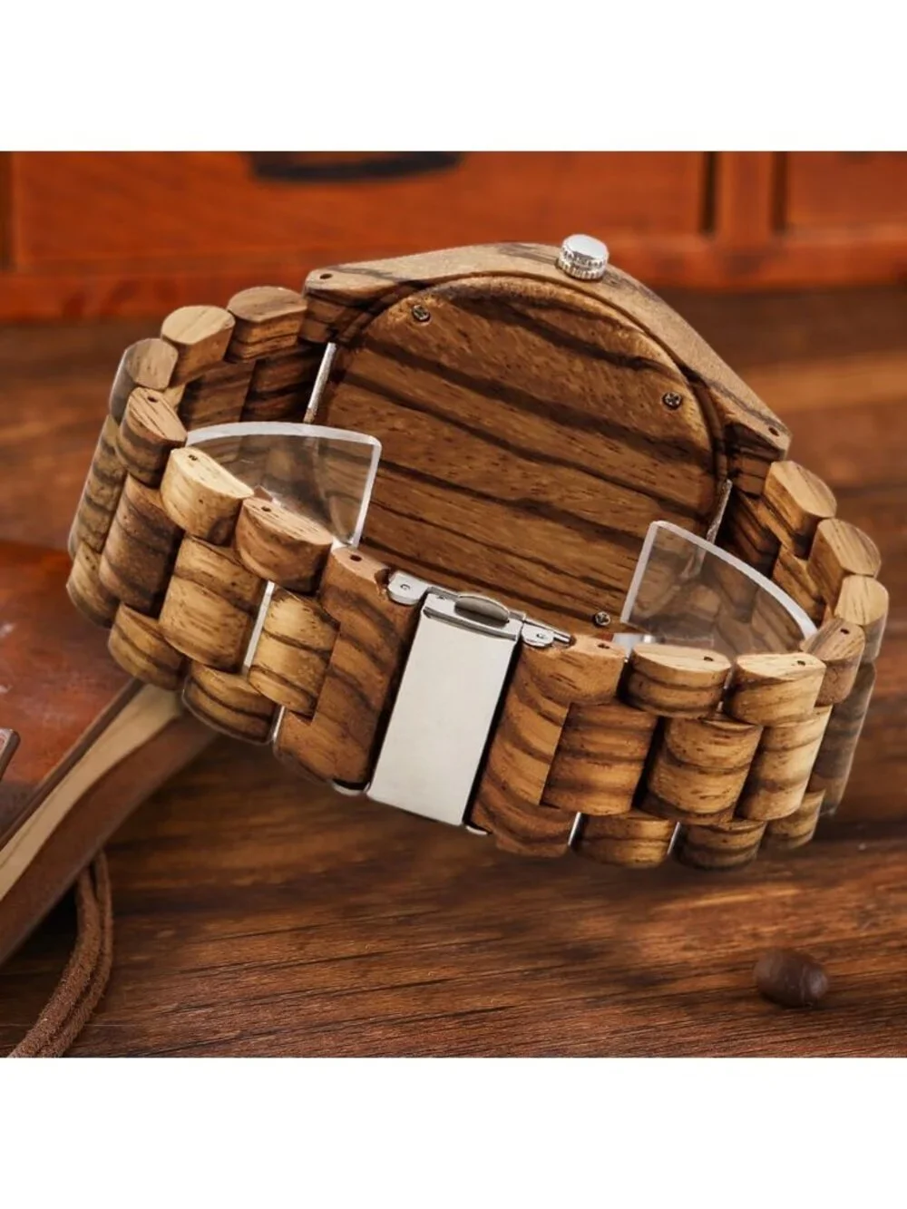 Men's Brown Green Handmade Lightweight Analog Quartz Solid Wrist Wooden Watch